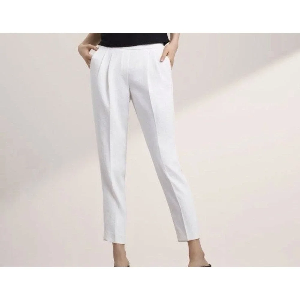 BABATON Size 8 White Cohen Linen Blend Crop Pleated Front & Elastic Pants NWOT